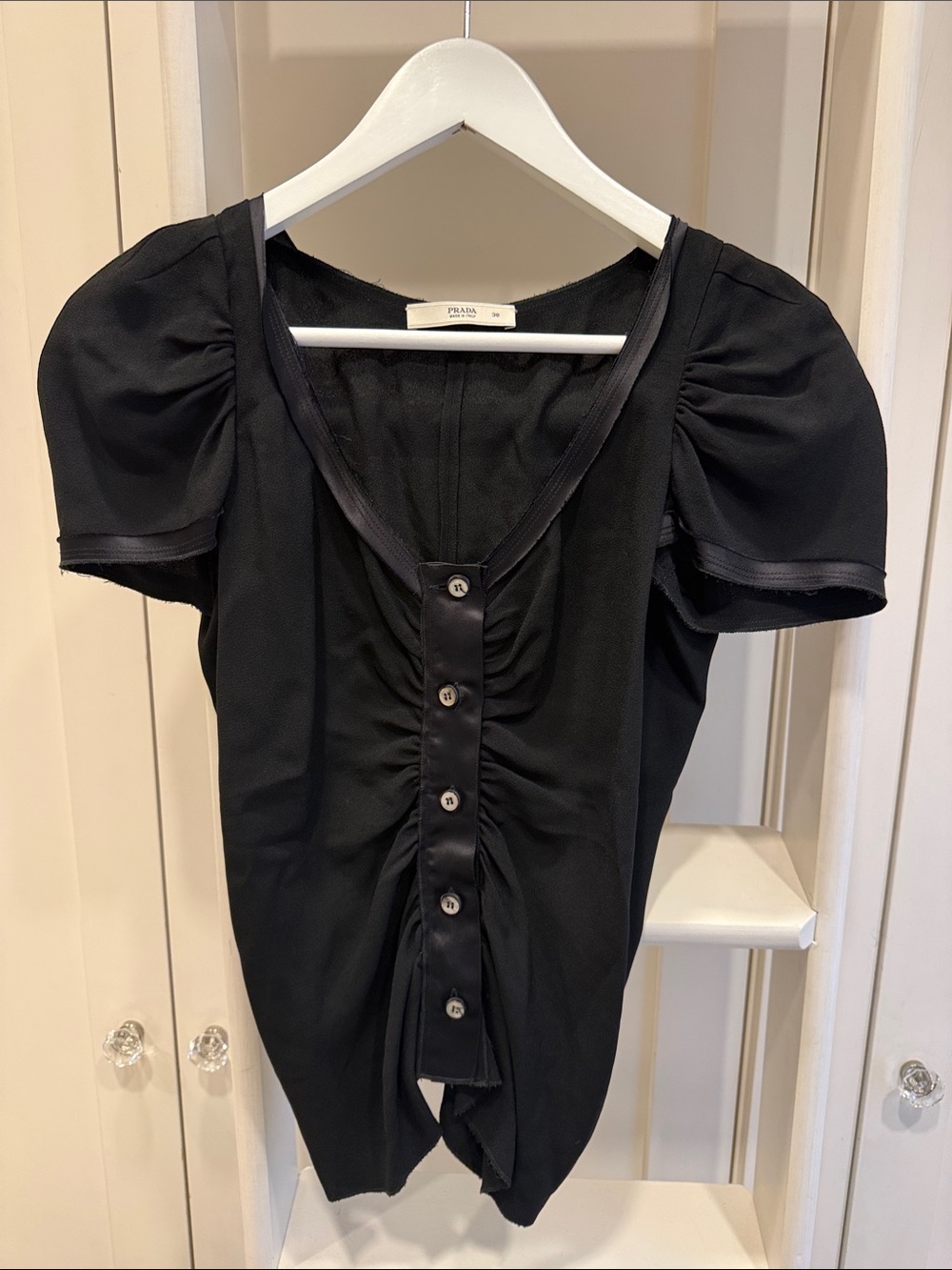 Vintage Prada Black Ruched Button Front Short Sleeve Top Size 38